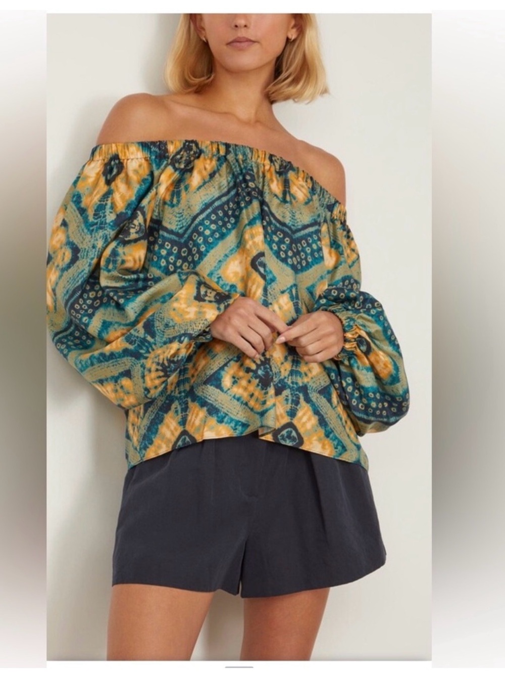 ULLA JOHNSON 100% Silk Off-Shoulder Printed Peasant Top in Teal & Mustard size 0